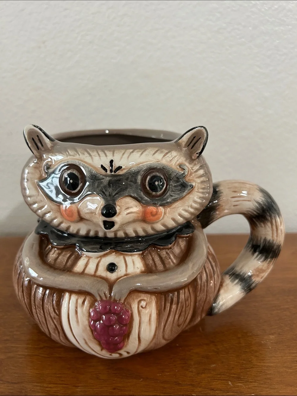 Johanna Parker Fall Handcrafted Brown Raccoon Ceramic Mug with Berry Accent